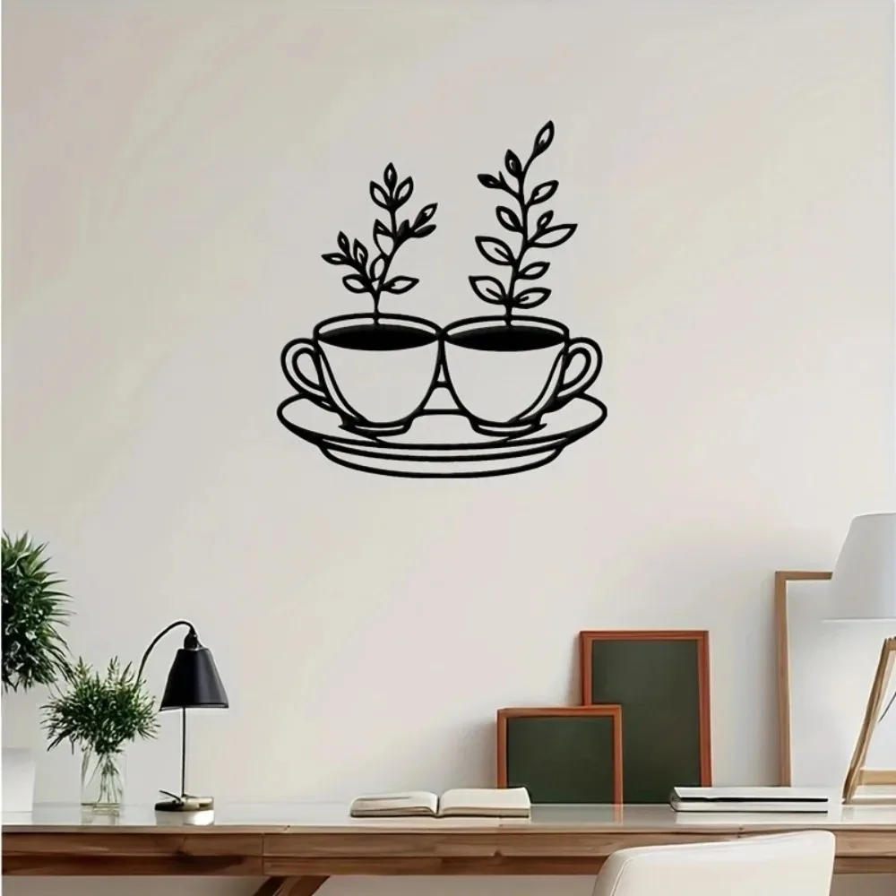 BrewBar Two-Sided Black Metal Coffee Cup Wall Art Modern Iron Sculpture for Kitchen Living Room
