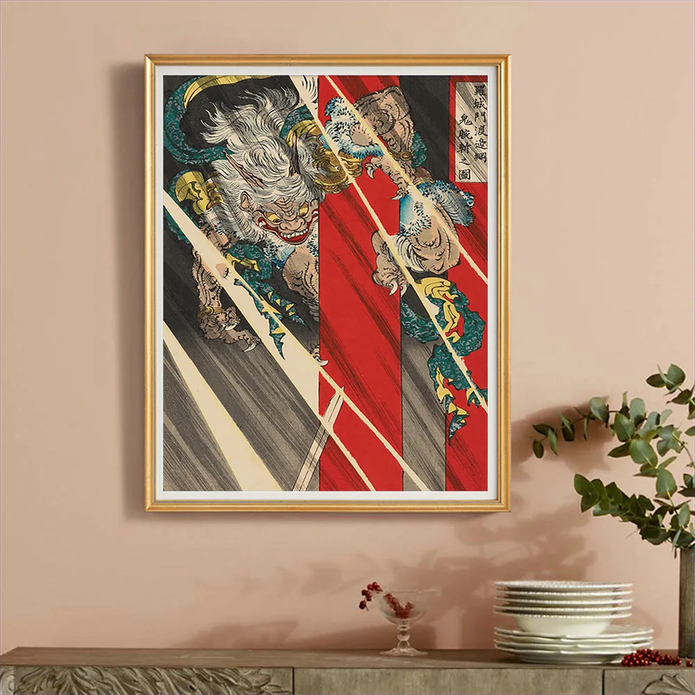 

Tsukioka Yoshitoshi Japanese Art Print Poster Watanabe Genji Tsuna On A Horse In The Rain Canvas Painting Decor Wall Picture