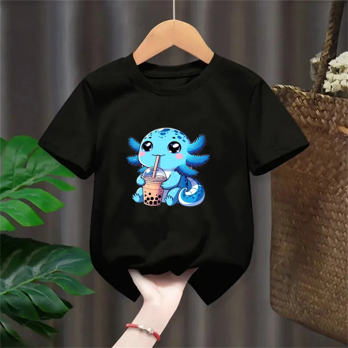New Cute Axolotl Drink Boba Tea Funny Kids T Shirt Girls Tshirt Summer Boys Clothes Fashion Tops Children Short Sleeve T-Shirt