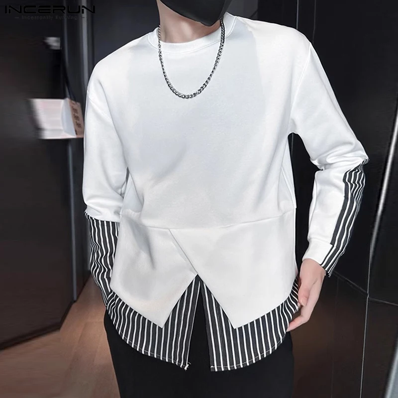 INCERUN Casual Simple Men's Tops Fake Two-piece Striped Patchwork Hem T-shirts Handsome Male Slit Design Long Sleeved Camiseta