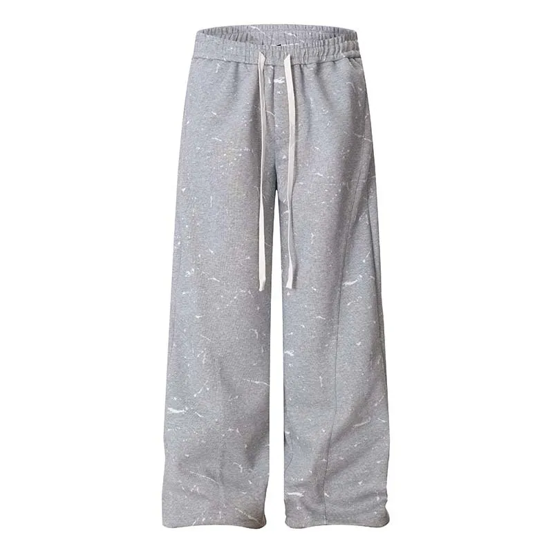 American High Street Splashed Ink Elastic Waist Baggy Sweatpants Men's Loose Straight Casual Sweat Pants Gray Relax Fit