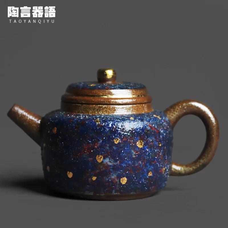 

Dark blue sand pottery portable teapot handmade antique ceramic hand-painted 24K gold texture tea brewing pot wine kettle