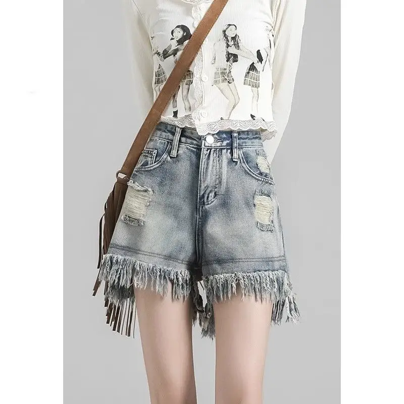 Women Summer A Line Wide Leg Denim Shorts High Waist Hip Conceal Ripped Fringe Slim Fit Hot Pants for Pear Shapes
