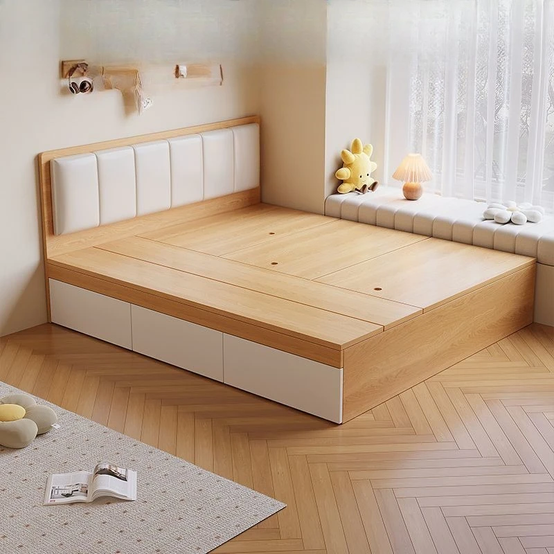 سرير تاتامي من الخشب الصلب، سرير مزدوج للتخزين عالي الصندوق، بساطة حديثة، تخزين، شقة صغيرة