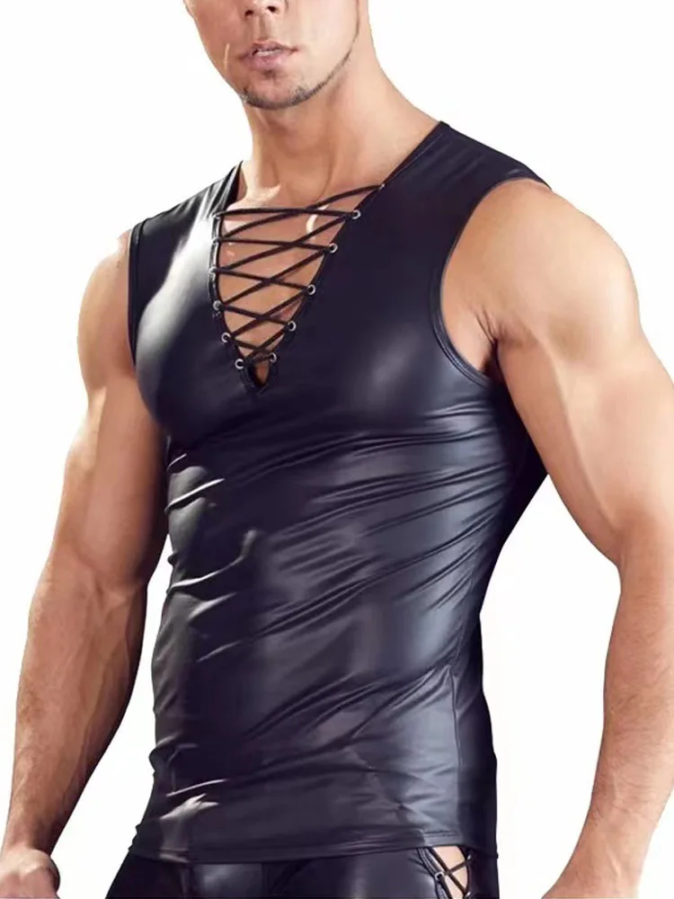 S-7XL Sleeveless Deep V-neck Lace Up Bandage Tank Top Faux PU Leather Vest Men Tanktop Bodybuilding Tights Sexy Shapers Clothing