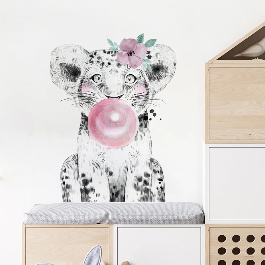 Watercolor Safari Lion with Bubble Gum Digital Wall Stickers for Girl Kids Room Baby Nursery Wall Decals Home Decor