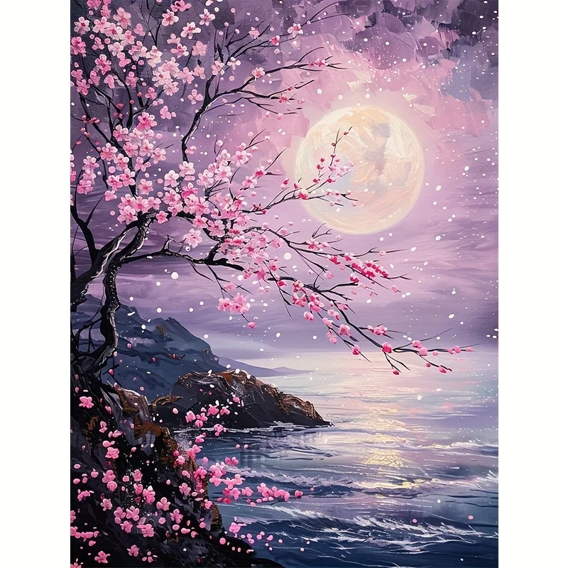 Kit complet de peinture au diamant 5D avec des fleurs de cerisier paisibles et un paysage marin au clair de lune
