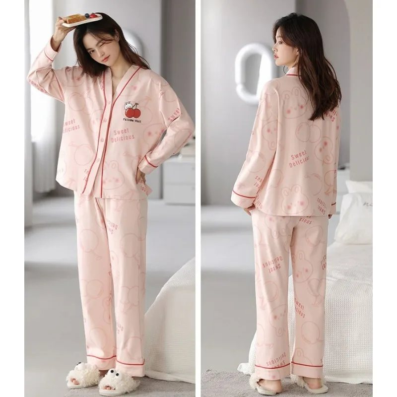 Spring Autumn Pure Cotton Pajamas Women Long-Sleeved Trousers Sleepwear Two-Piece Set Casual Sweet V-neck Student Homewear Suit