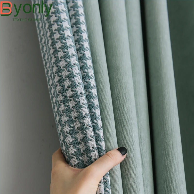 

New Luxury Green Thousand Bird Grid Cotton Linen Thickened Splicing Curtains for Living Room Bedroom French Window Customized