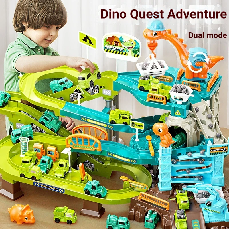Stope Dinosaur Adventure Track Set Double Mode Electric Engineering Vehicle Sliding Track Rail Car Toy Interactive Puzzle Game