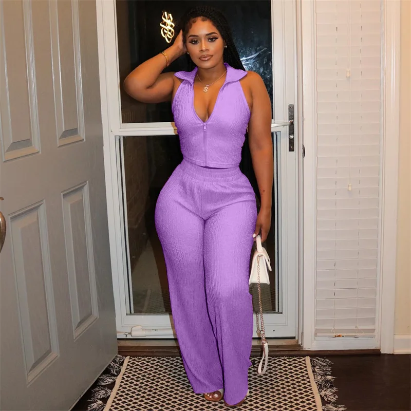 

Solid Pleat Two Piece Set Woman Matching Sets Outfit Sleeveless Zipper Turn-down Collar Top + Wide Leg Pants Ensembles Pantalons