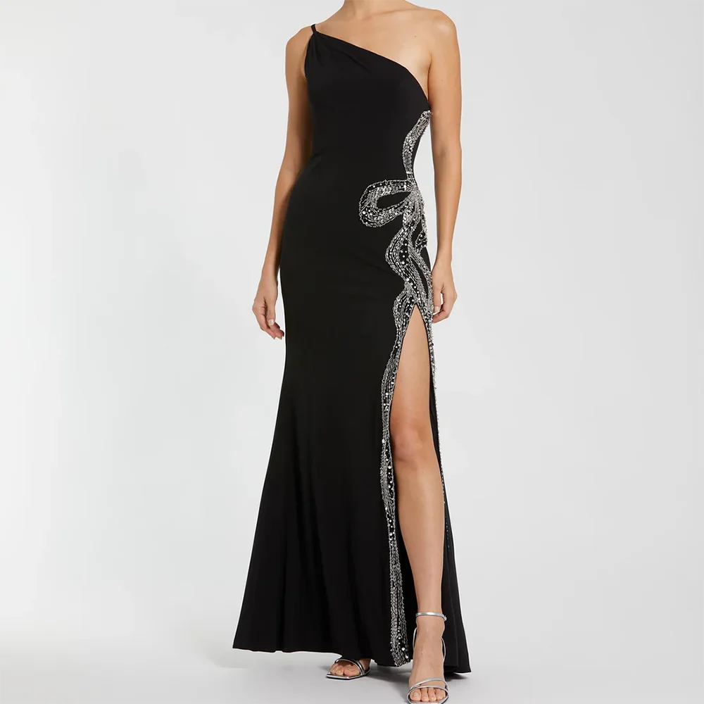 クラシックワンショルダースパンコールビーズマーメイドフォーマルイブニングドレス誕生日パーティーウエディングドレスカスタマイズ