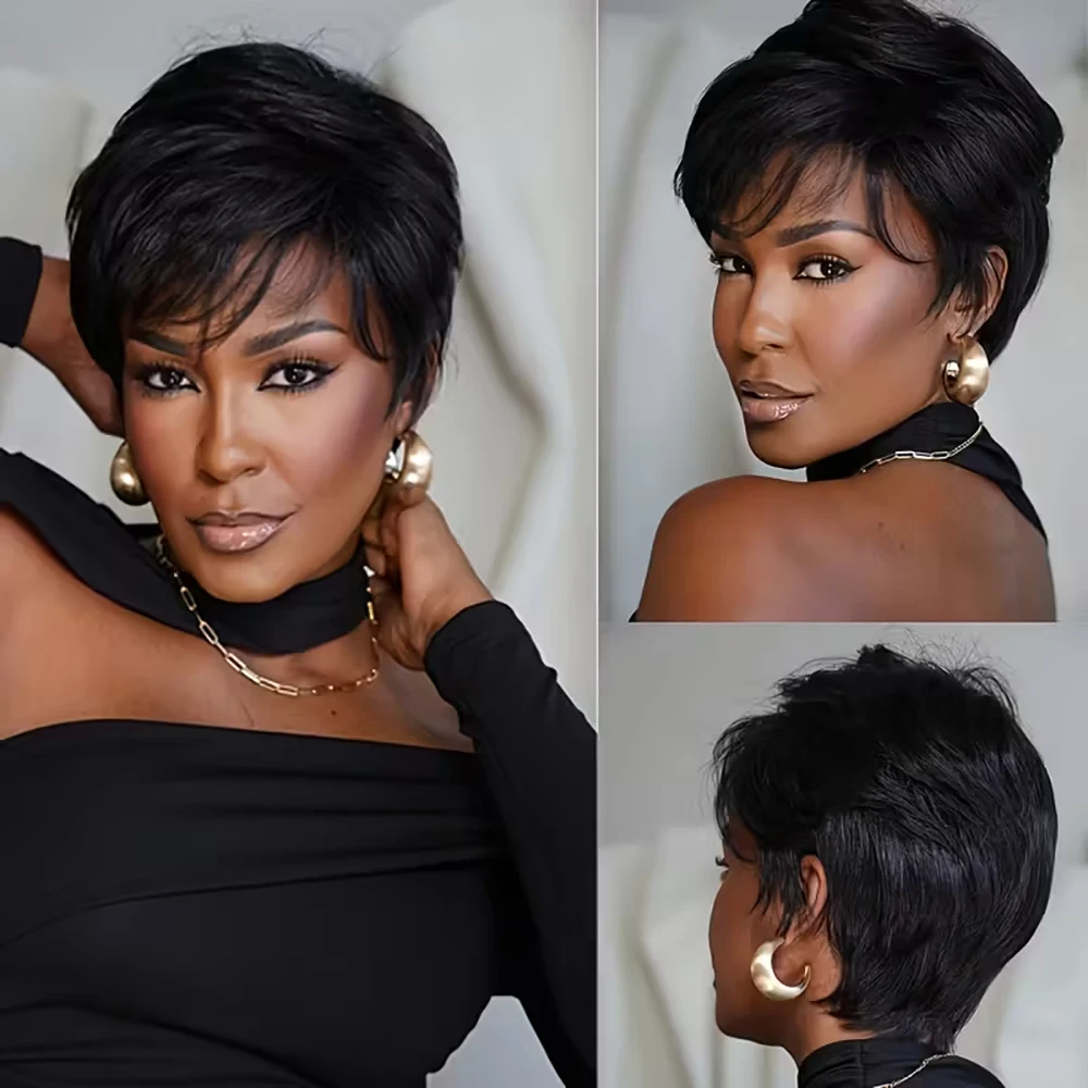 Короткие прямые парики из натуральных волос Парик с стрижкой пикси с предварительно выщипанной челкой Бразильские волосы для женщин Полный машинный парик с прямой кепкой