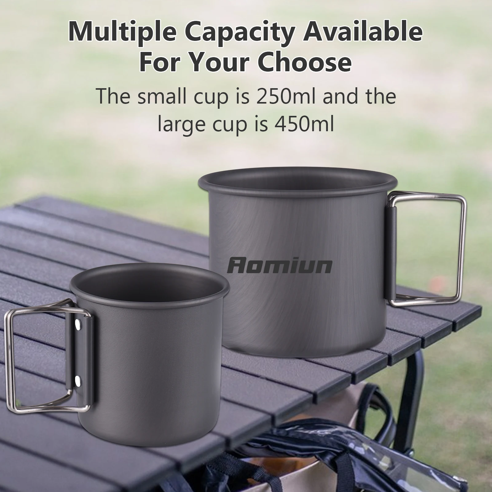

Набор чашек для кемпинга из 2 предметов, легкий алюминиевый набор чашек, 450 мл и 250 мл, портативная штабелируемая чашка со складной ручкой для кемпинга на открытом воздухе
