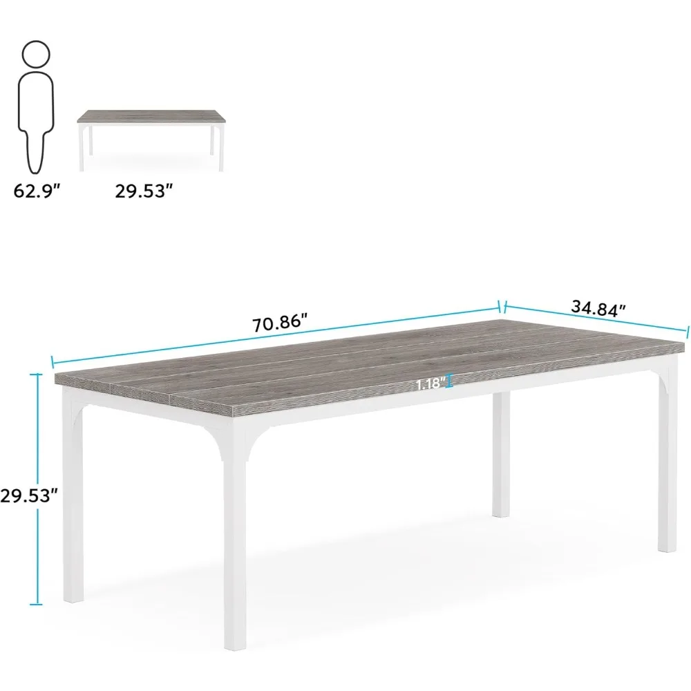 Rectangular Wooden Dining Table for 6-8 People with Sturdy Metal Legs, 70.9 Inch Industrial Style Kitchen Table