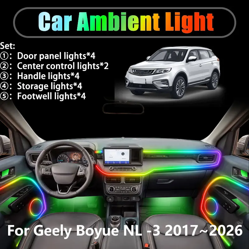 

Для Geely Boyue NL-3 2017 ~ 2026 Atlas MK1 2/18 в 1 Автомобильное окружающее освещение Светодиодные внутренние светодиодные фонари багажника USB RGB Ensemble Streamer
