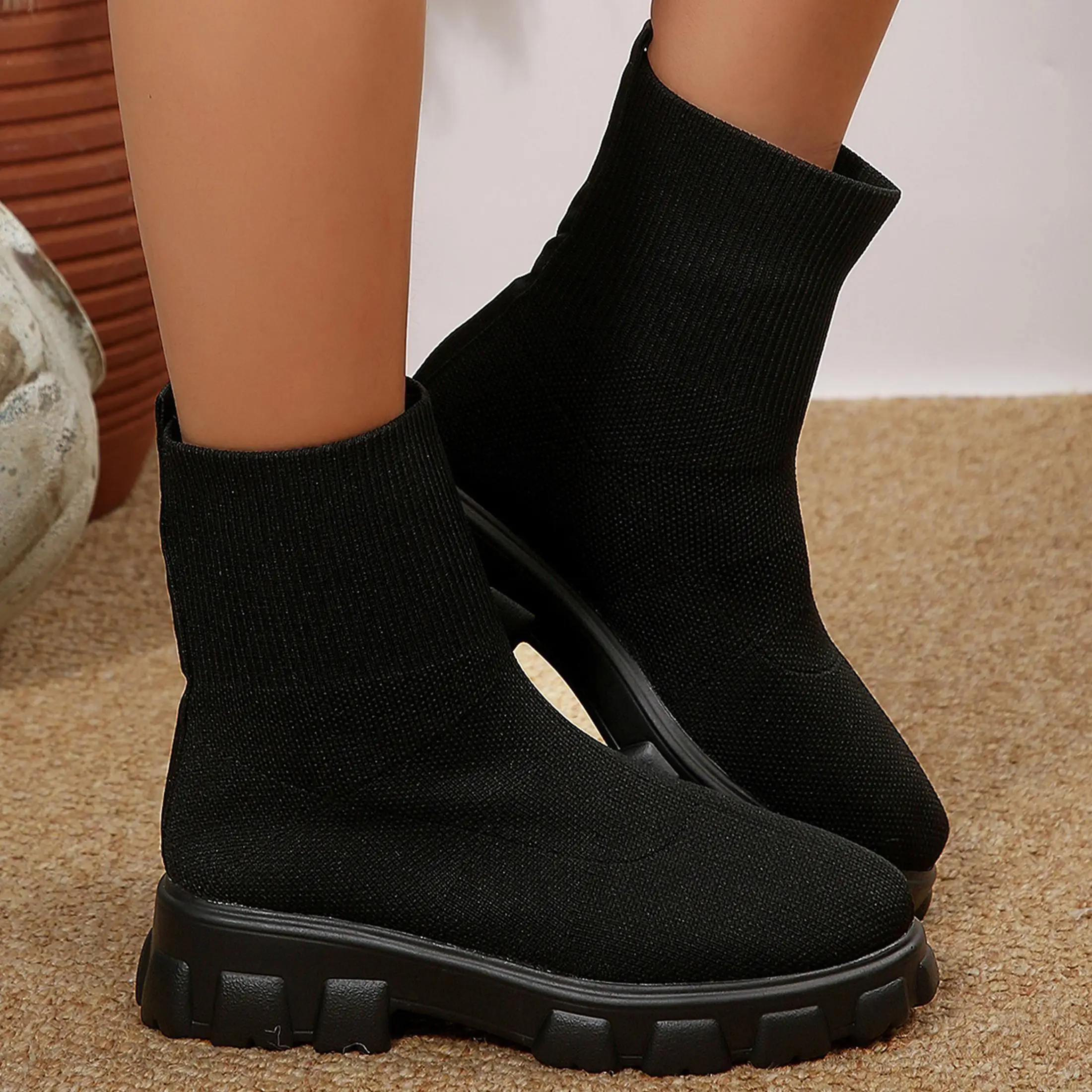 Ankle Boots for Women Comfortable Round Toe Slip On Stretch Soft Chunky Block Heel Knit Platform Boots Punk Dress Sock Boots - view 8