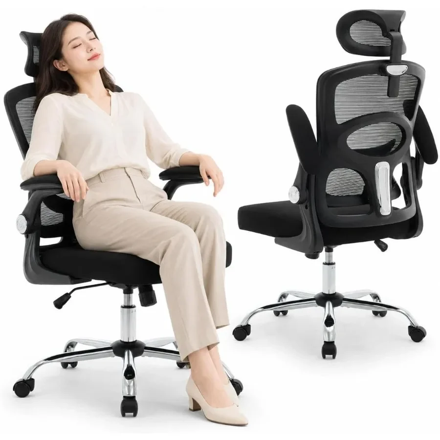 Ergonomic Office Chair for Home/Office Use, Mesh Back with Black Fabric Seat, Adjustable Headrest 4-Level Lumbar Support, Turn-