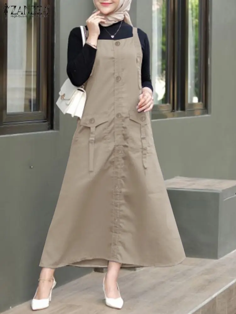 Summer Overalls Dresses 2024 ZANZEA Women Fashion Solid Cargo Dress Casual Muslim Dubai Abaya Hijab Spaghetti Strap Sundress