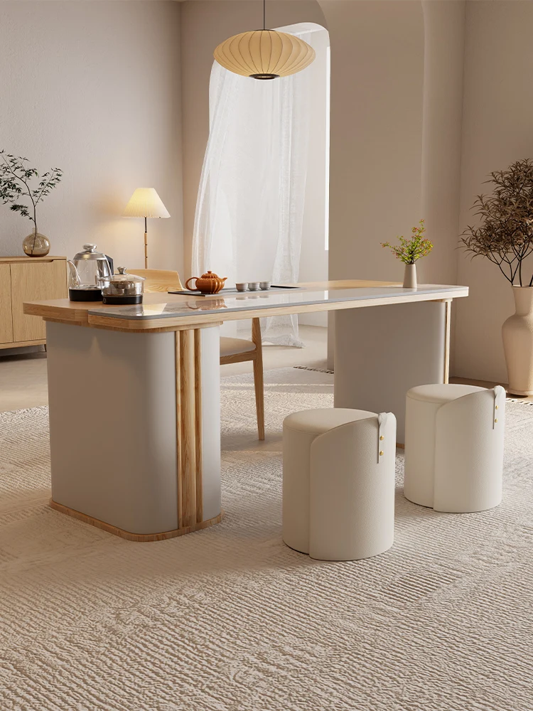 Mesa de té y silla de madera maciza moderna, combinación de crema, mesa de centro de viento, mesa de té integrada para el hogar, balcón, 2025