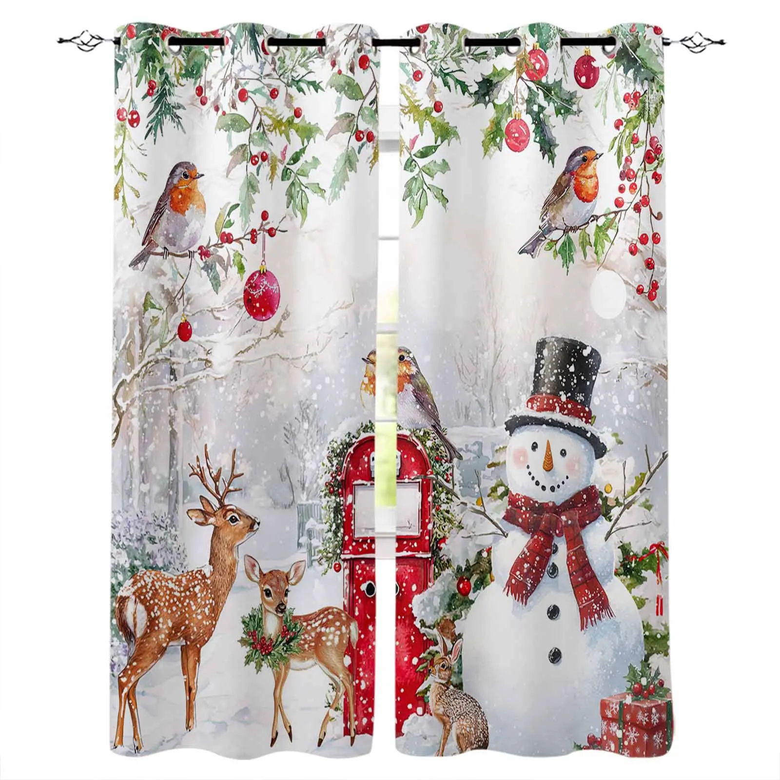 

Christmas Snowman Snow Scene Fawn Rabbit Curtains for Living Room Bedroom Decorative Window Treatment Drapes Kitchen Curtains