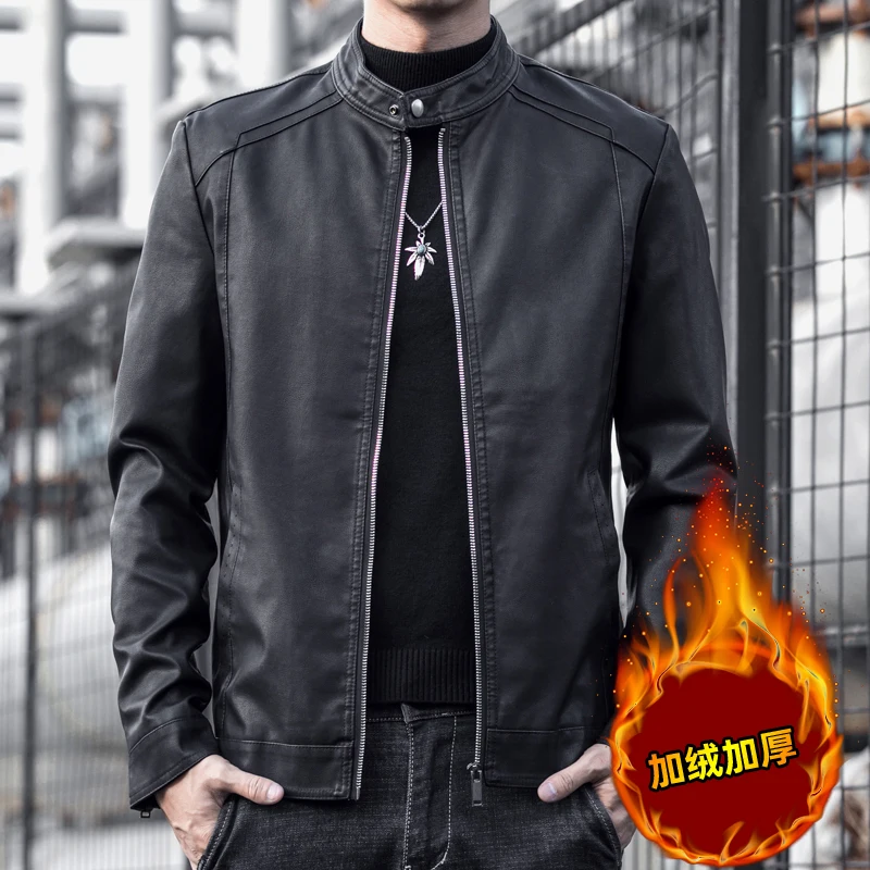 

Мужская кожаная куртка с воротником-стойкой, повседневная, черная, для мотоциклистов, ветрозащитная, осенне-зимняя, модная, молодежная, активная, на молнии