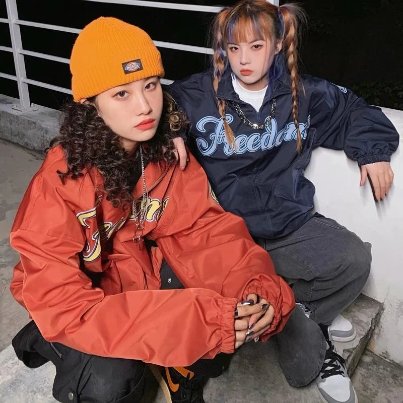 Vintage y2k streetwear hip-hop alphabet embroidery baseball uniform jacket women's loose American stand-up collar jackets womens