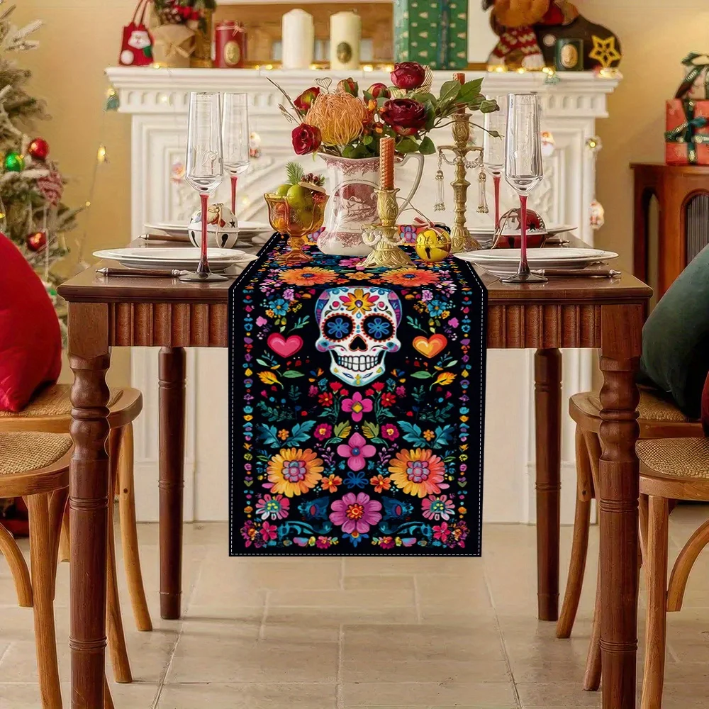 Mexican Colorful Flower Sugar Skull Linen Table Runner Mexico Day of The Dead Dia De Los Muertos Table Runner Fiesta Party Decor