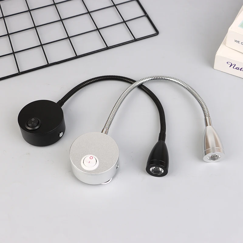 Luz LED de lectura de 1W, lámpara de pared de cuello de cisne negro y plateado para cabecera de cama, escritorio, interruptor de mesita de noche, 6000K