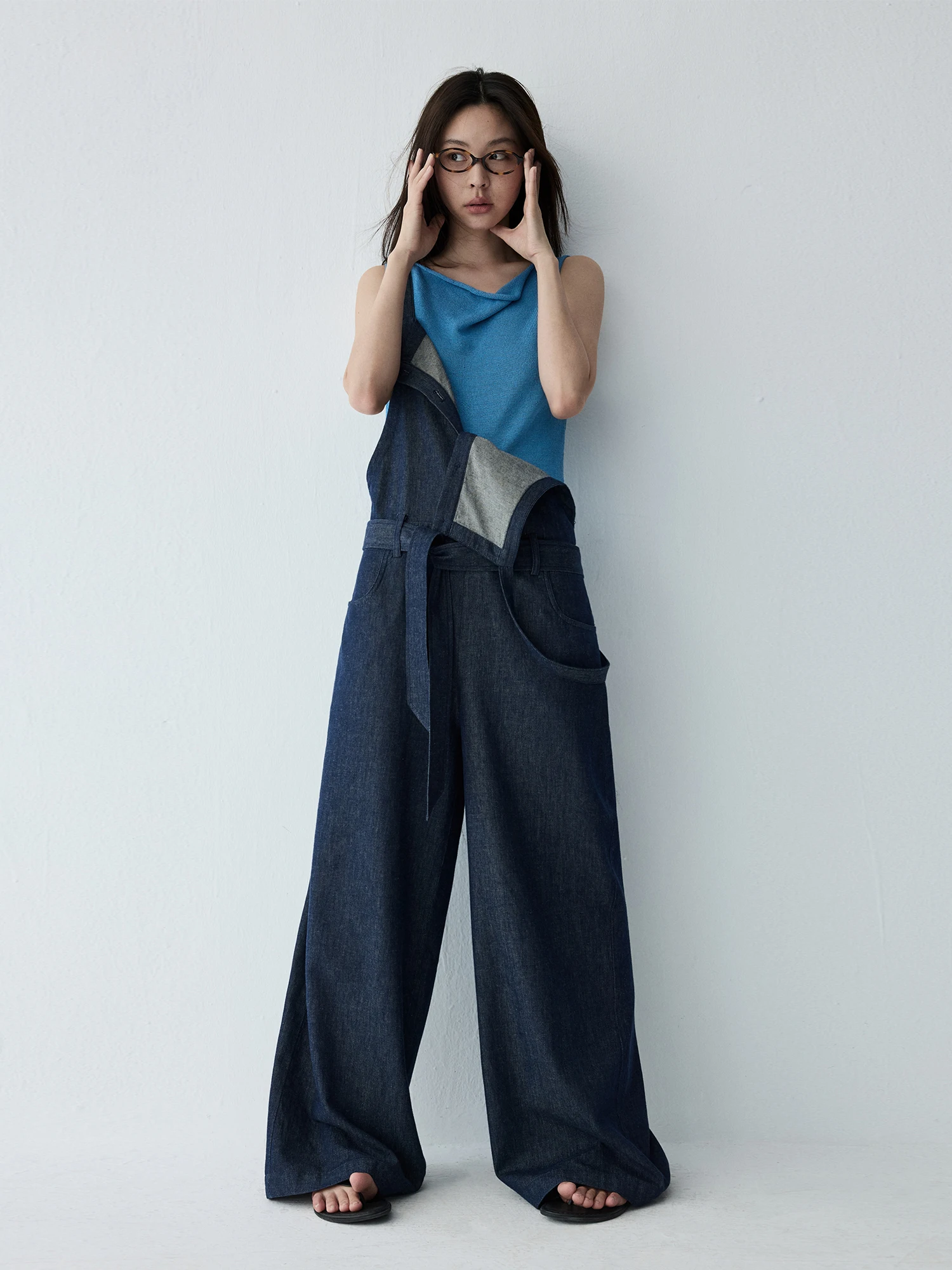 HaveRice Cotton Linen Casual Jeans Lightweight Comfortable Crossbody Strap Pants Loose Fit Natural Waist Button Closure