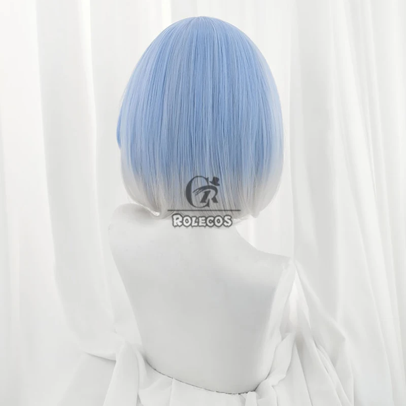 ROLECOS Irelia Cosplay Wigs LOL Porcelain Irelia 35cm Short Straight Light Blue Mixed Gray Wig Heat Resistant Synthetic Hair