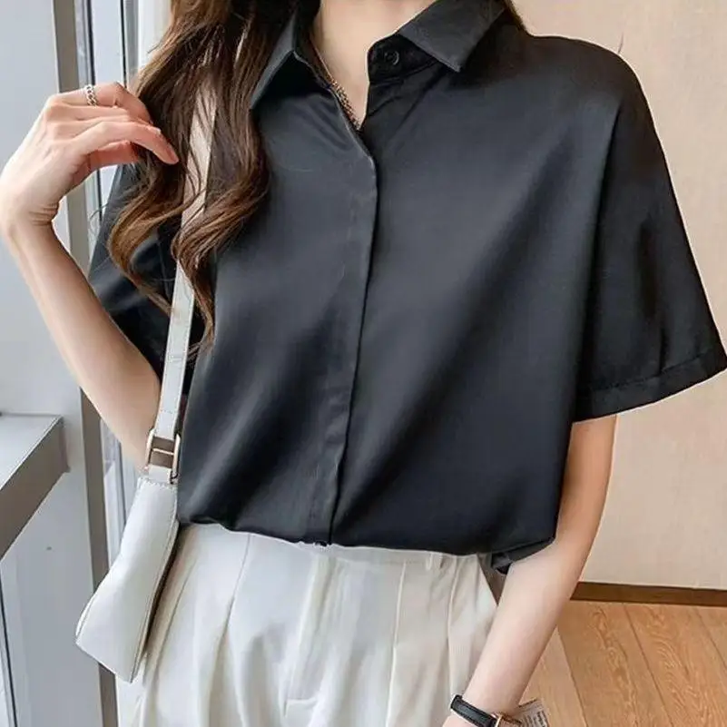 Summer Loose Women's Shirt Short Sleeve Work Commute Simple Match Large Size Collar Regular Length Thin Fabric Pure Color
