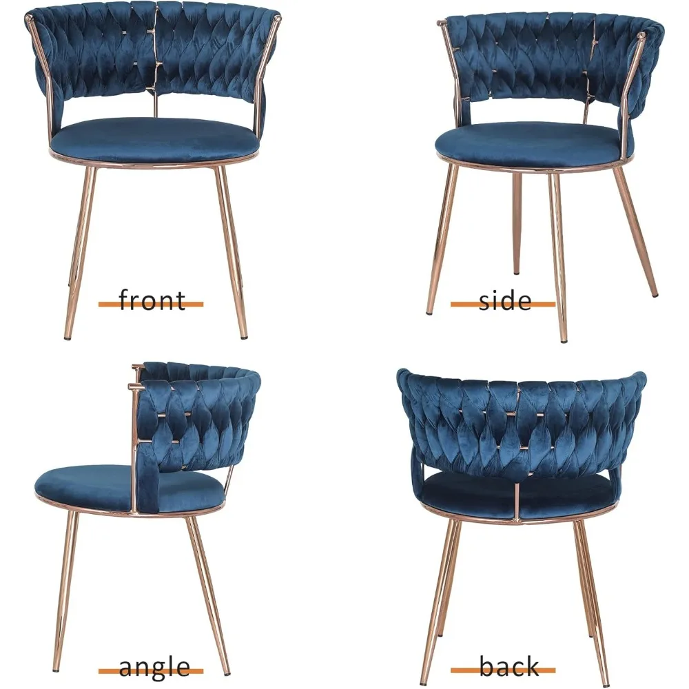 Fluweel gestoffeerde eetkamerstoelen Moderne accentstoelen Handgeweven bijzetstoelen met roségouden metalen poten Set van 2 voor eetkamer