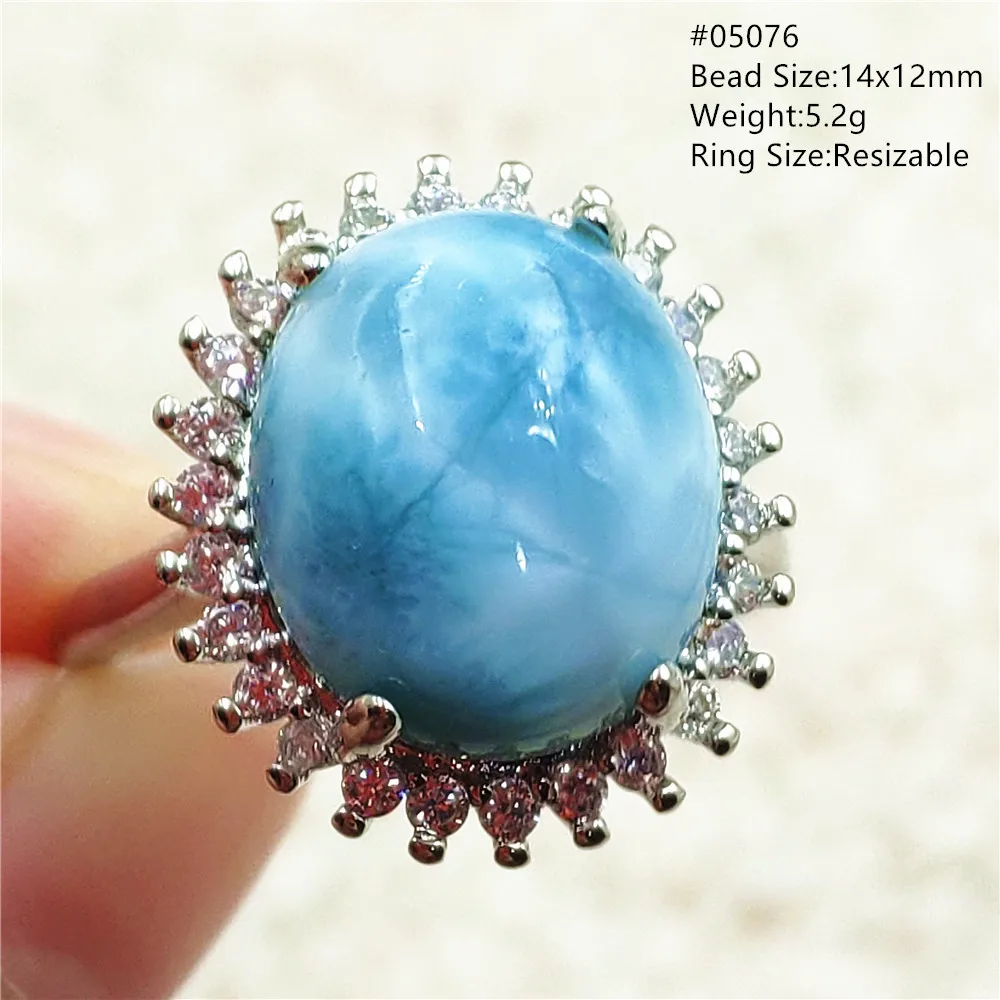 Natural Blue Larimar Adjustable Ring 925 Sterling Silver Larimar Gemstone Women Men Water Pattern AAAAA