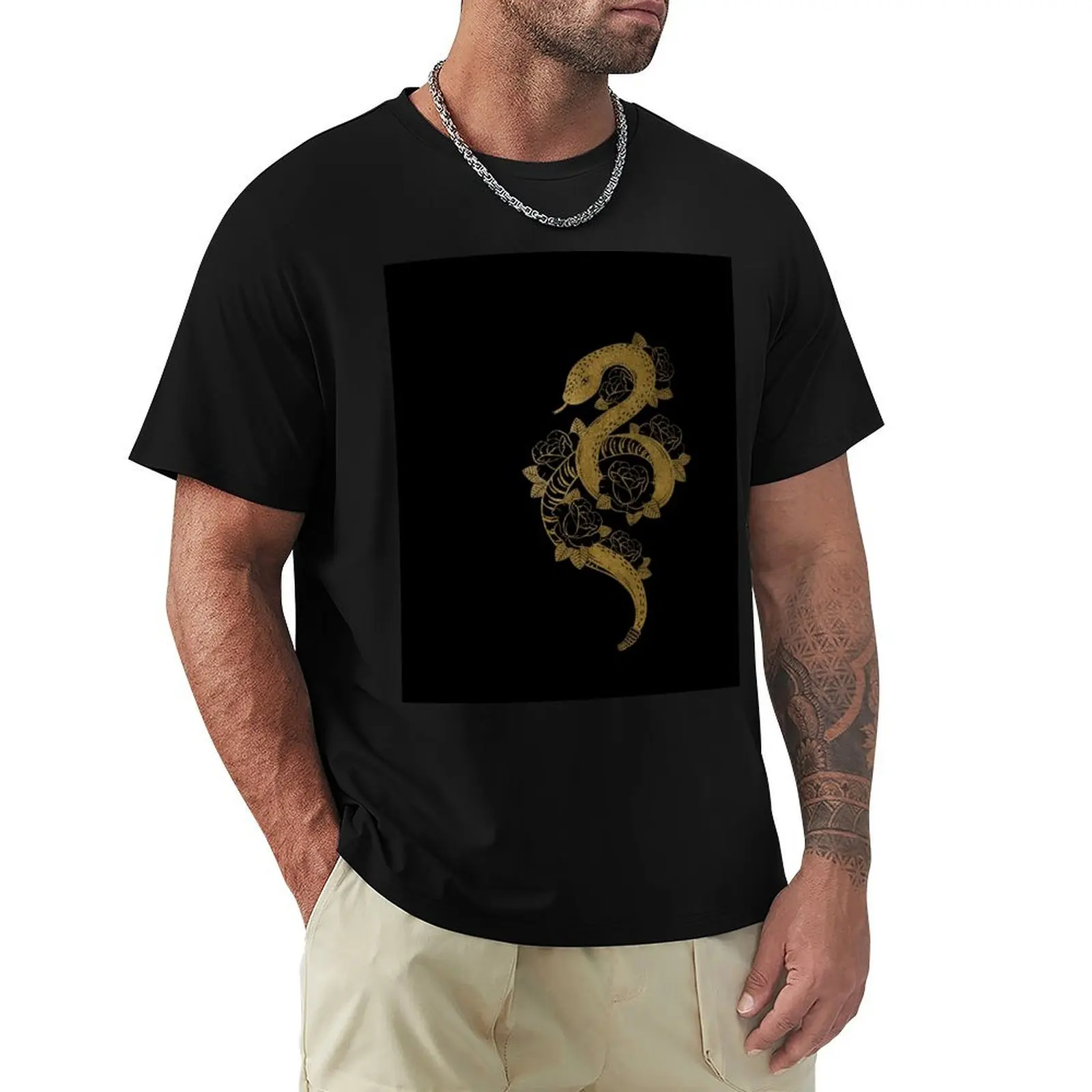 Golden Rattlesnake with Flowers / Snake Lover T-Shirt Casual Street Style Short Sleeve Tee