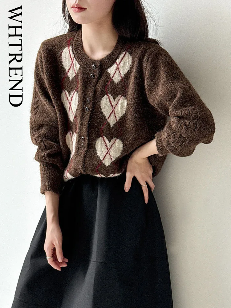 

WHTREND корейский стиль, шерстяной кардиган с милым сердечком для женщин, осенний новый вязаный свитер с цветными блоками WH1754