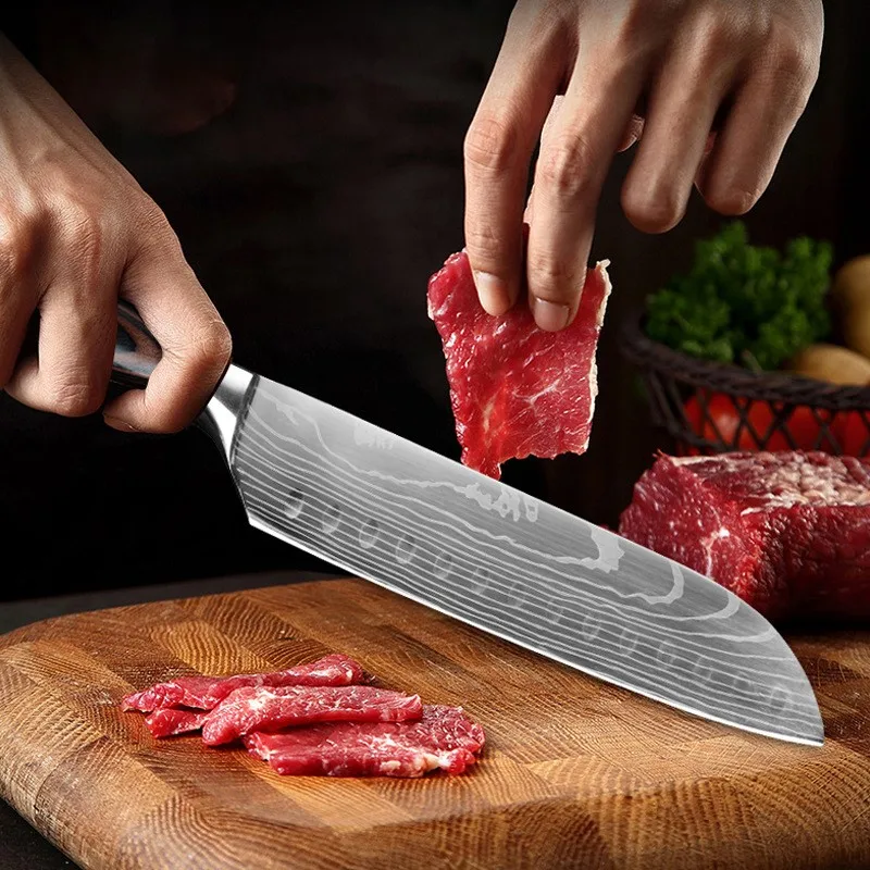 7 Inch Chef Knife Kitchen Knives Laser Damascus Pattern Sharp  Santoku Knife Cleaver Slicing High Carbon Stainless Steel Tool