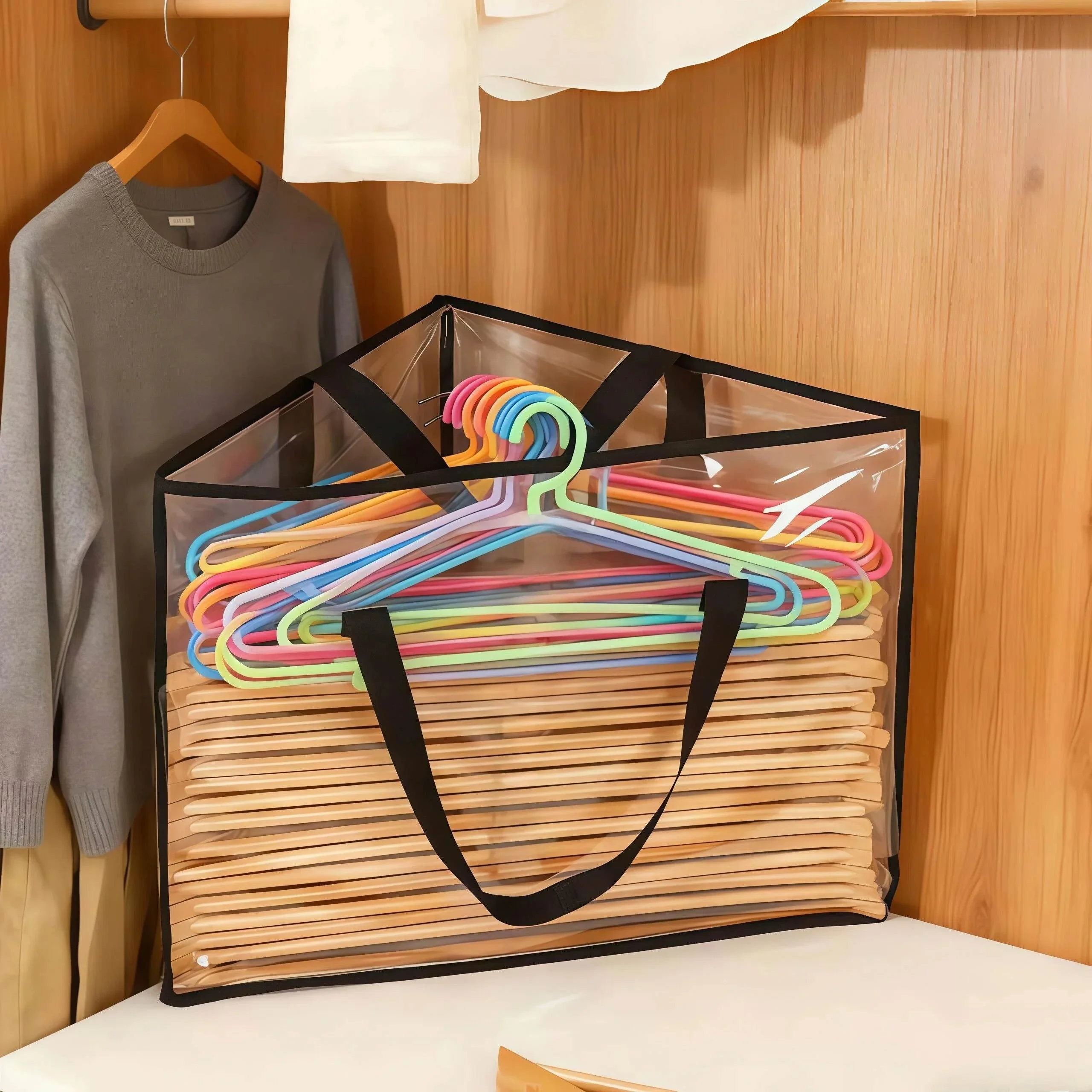 Large Capacity Transparent Clothes Hanger for Balcony Dustproof Foldable Storage Organizer Bag with Zipper Home Clothes