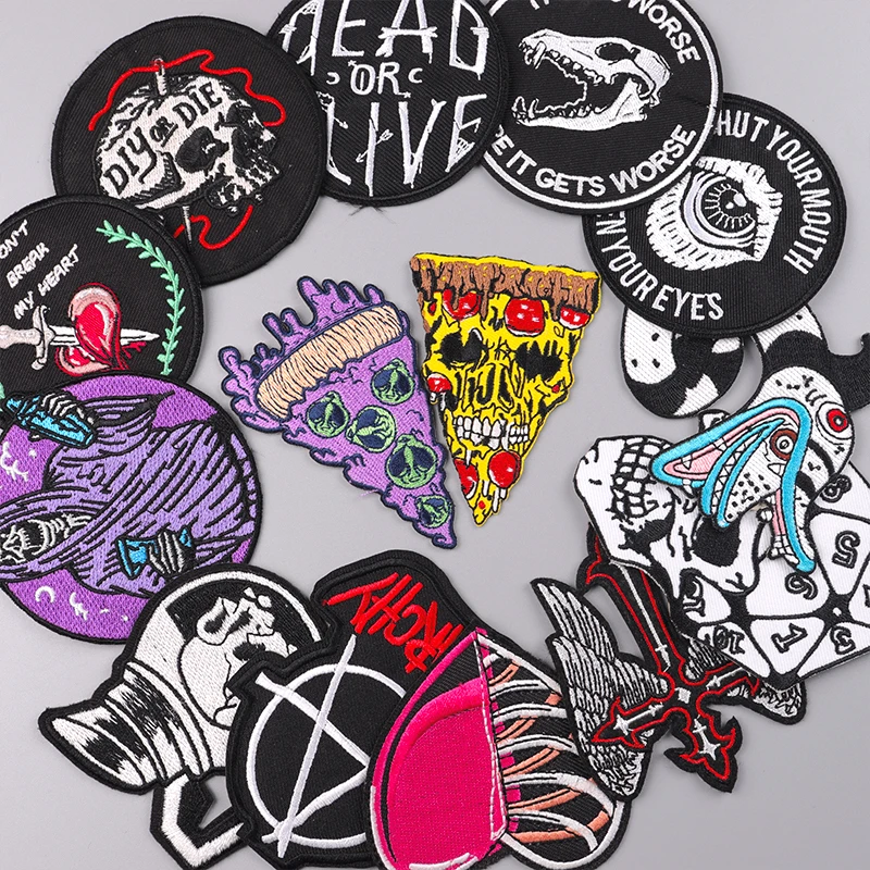 Punk Pizza Patch Iron On Patches For Clothing Thermoadhesive Patches On Clothes Horror Skull Embroidery Patch Sewing Applique