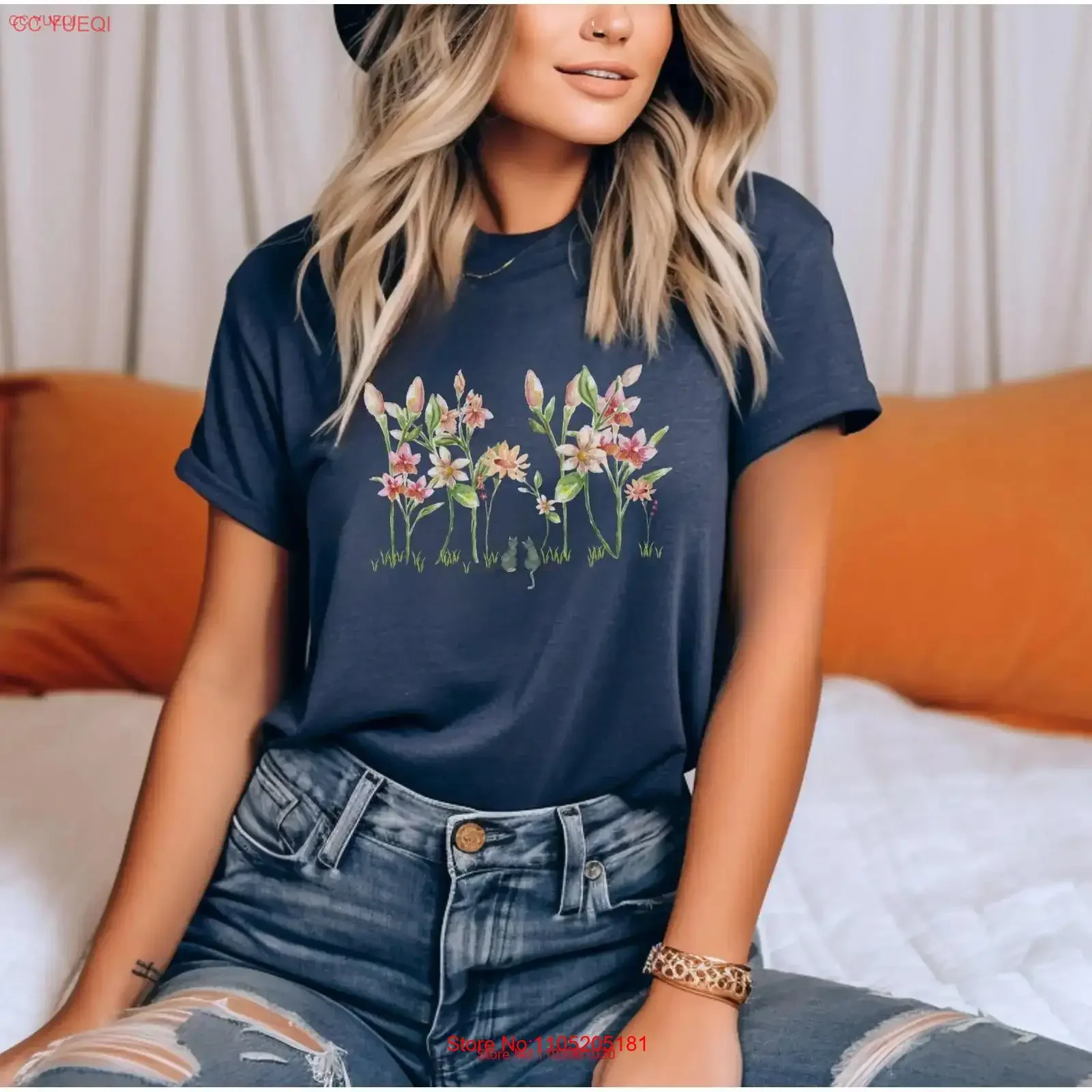 Cat Floral T Shirt for Lover Cats in the Garden Memory Sentimental Condolence vintage Washed Breathable Comfortable Stretched