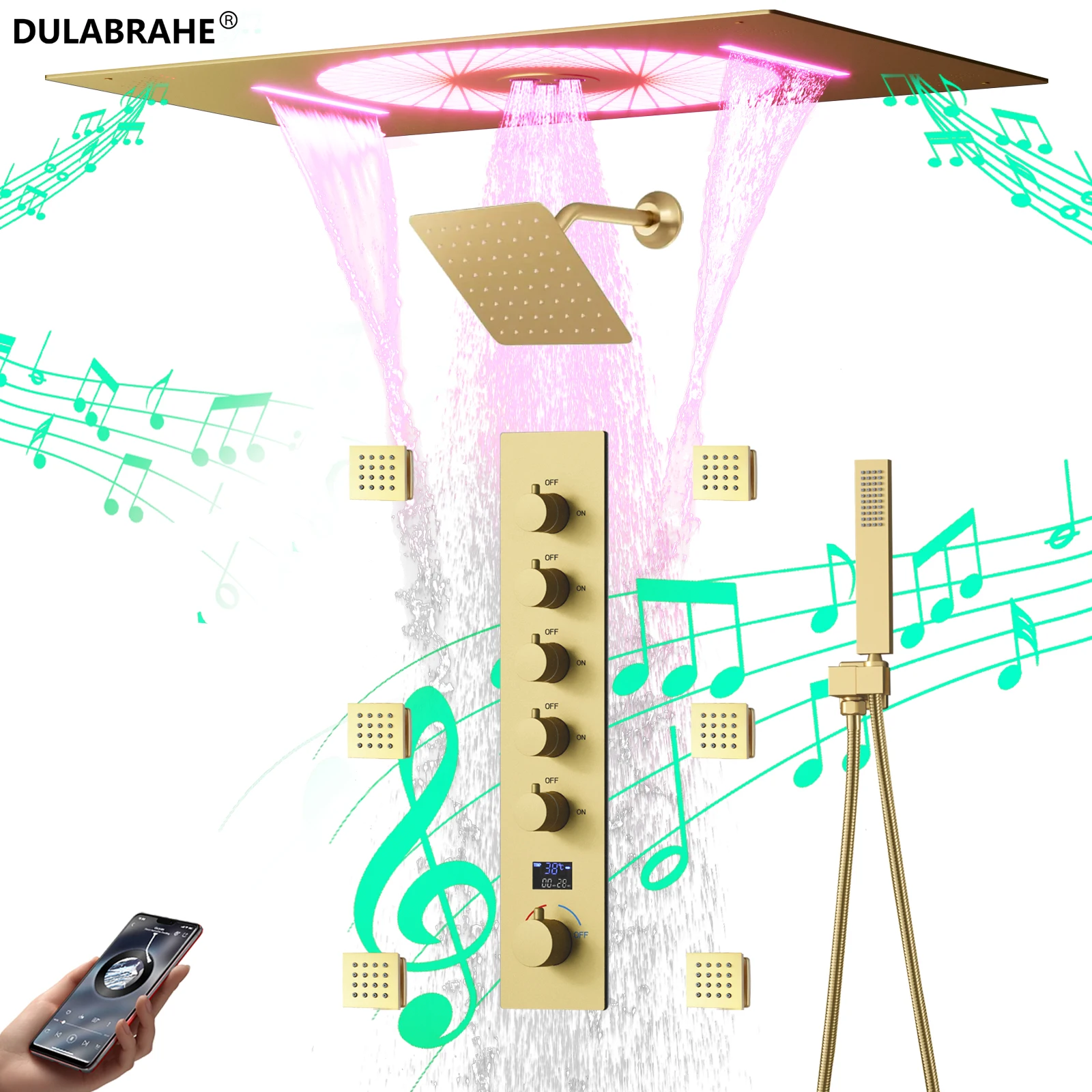 

Brushed Gold Shower System Set Bathroom Ceiling Rainfall LED Music Shower Head Hotel Concealed Brass Hot Cold Shower Faucet