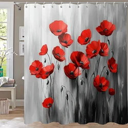 1pc Beautiful Flowers Shower Curtain,Printed Polyester Leaves and Red Floral Bathroom Curtain,Home Decoration Curtain With Hooks