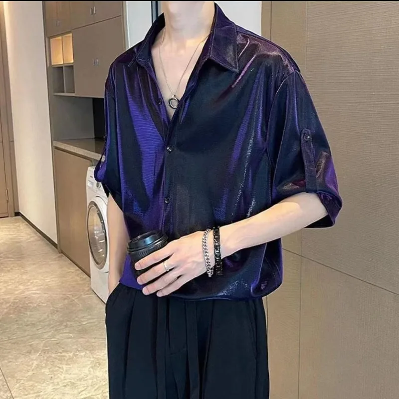 

Comfortable Minimalist Casual Summer Men's 2024 New Spliced Square Collar Button Fashion Solid Color Loose Short Sleeved Shirts