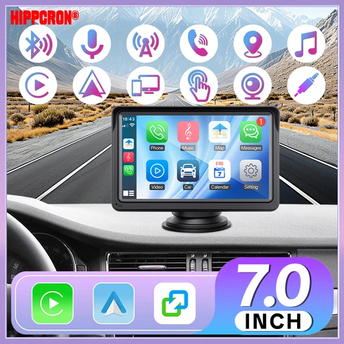 Imagen 1 del producto Hippcron Radio Multimedia para Auto con Pantalla Táctil IPS de 7 Pulgadas, Reproductor de Video, CarPlay Inalámbrico, Android Auto, Bluetooth, Portátil, Universal de 12-24V