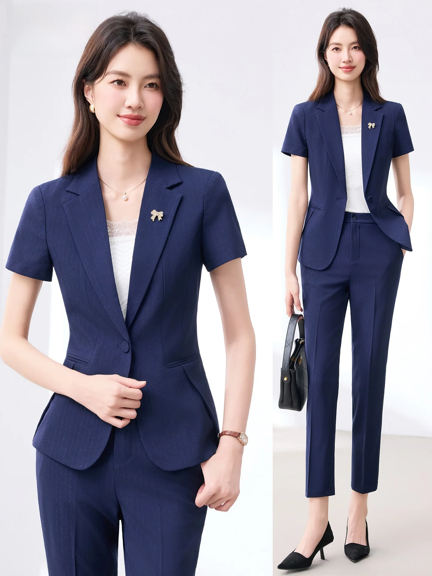 

Костюм-двойка женский синий (кобальтовый) с коротким рукавом, новинка 2026 года, для собеседований, официальных мероприятий, элитный, для ведущих, приталенный, из полиэстера.