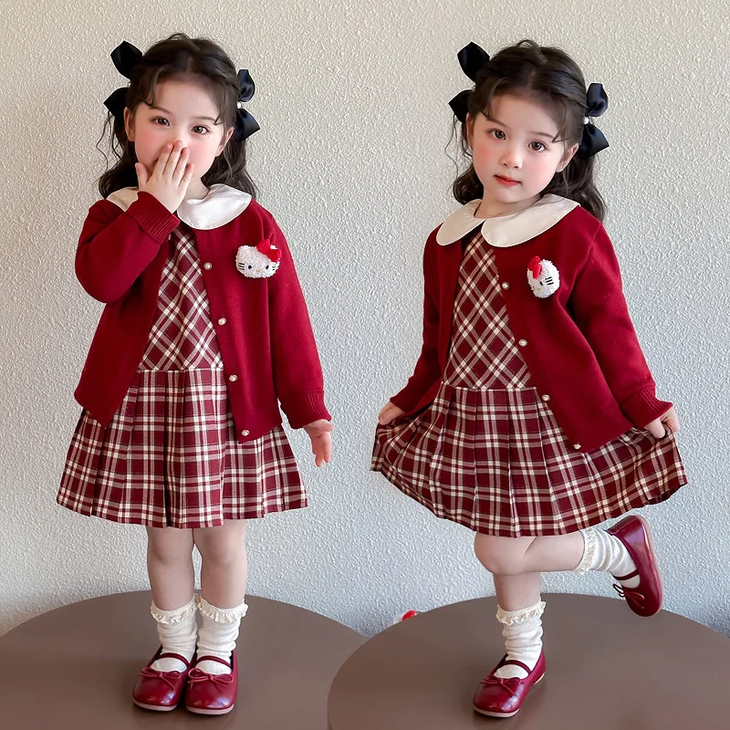 

2Pcs Anime Hello Kitty Kawaii Coat Knitting Cardigan Coat Lattice Dress Girl Spring and Autumn 2025 New Fashion Trend Gift
