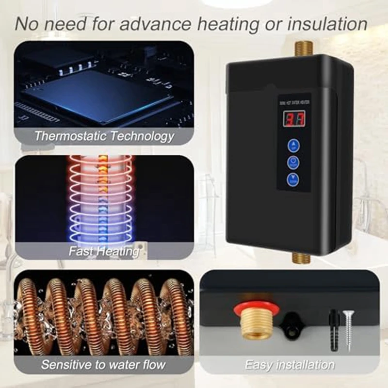 タンクレス電動ウォーターヒーター,3000W,110V,リモコン付き,デジタルディスプレイ,耐久性のあるプラグ