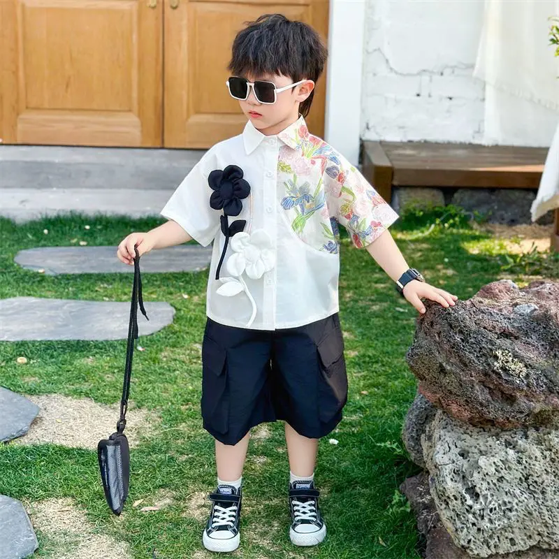 

Summer Fashion Baby Short Sleeve Boys Cute White Floral Top shirt+Loose Pocket Shorts 2pcs Children Set Casual Handsome Suits