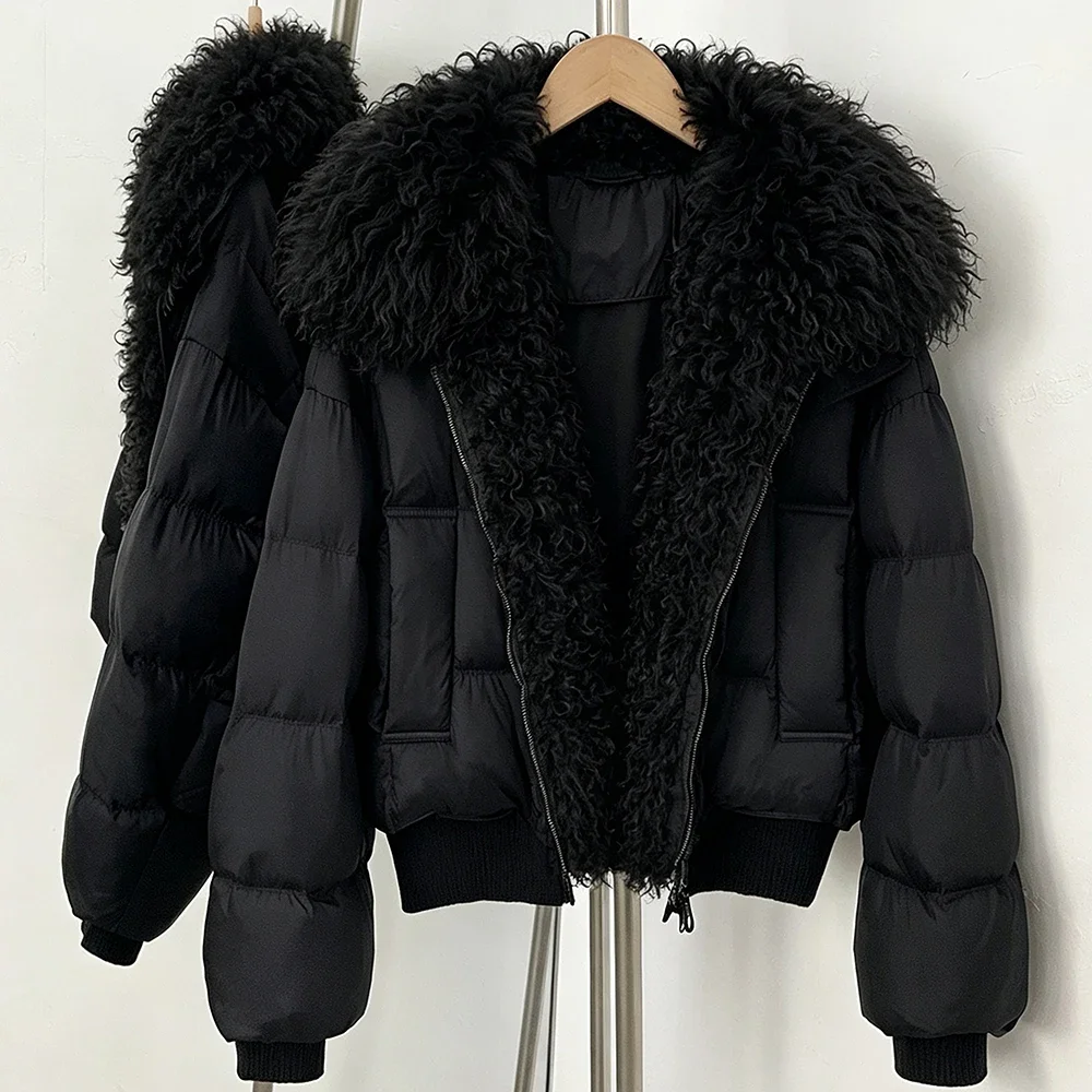 OFTBUY Damen Winterjacke, 90 % Daunenfüllung, Damenmantel aus echtem Lammfell, kurz, warm, aus natürlichem Fell, modische Steppjacke, Oberbekleidung. – Detail 4