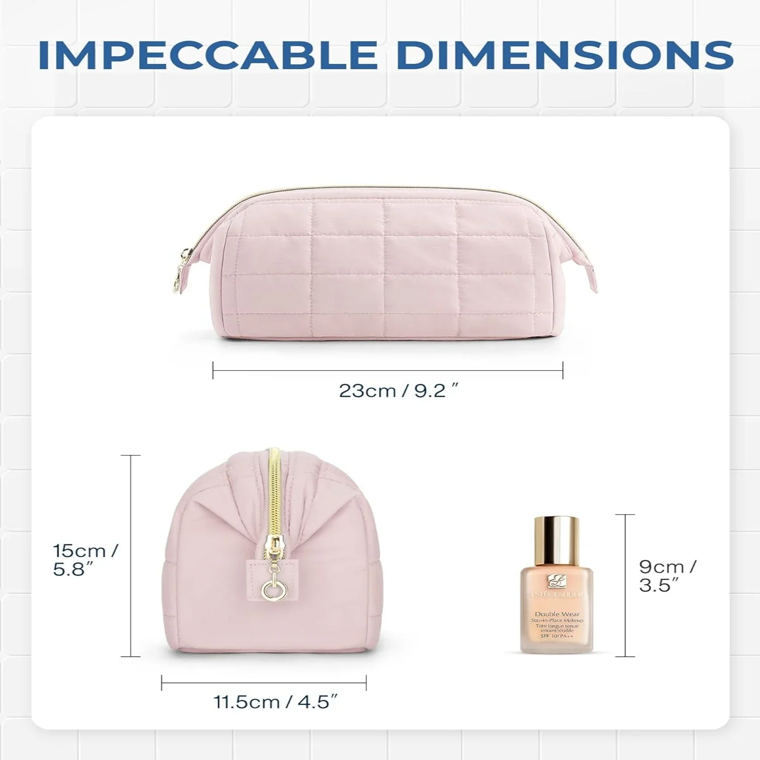 シックでトレンディ、スタイリッシュなミディアムサイズのキルティングパッド入りベージュのメイクアップバッグを手に入れましょう！ この多用途の美容必需品 i